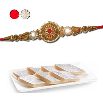 "Designer Fancy Rakhi - FR- 8370 A (Single Rakhi), 250gms of Kaju Kathili(ED) - Click here to View more details about this Product